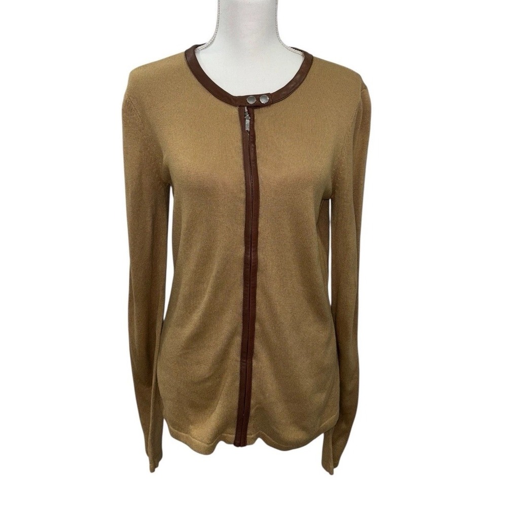 LAUREN Ralph‎ Lauren L Silk Cashmere Blend Brown Leather Trim Cardigan Sweater